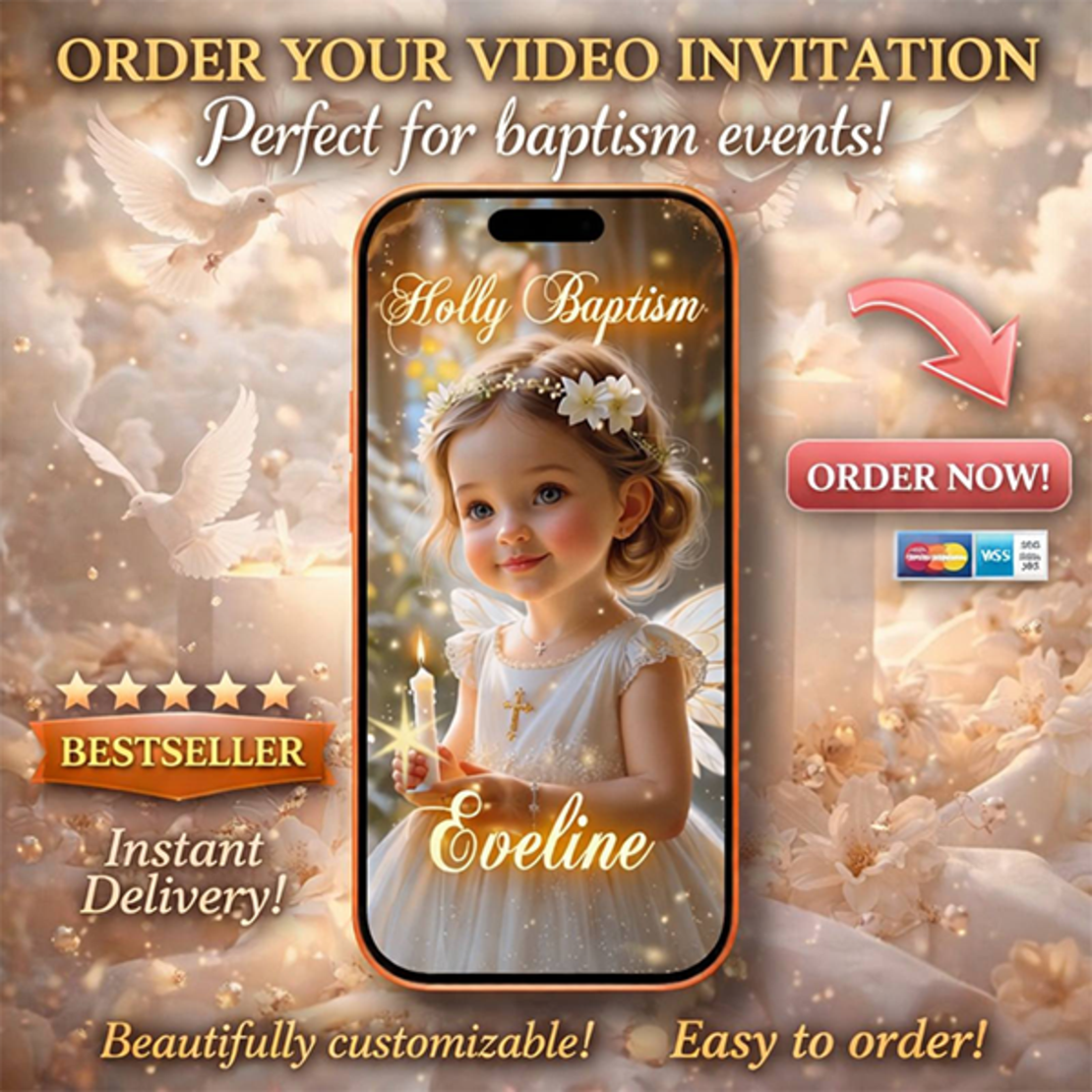 Elegant Baby Girl Baptism Digital Video Invitation – Luxury Christening Invite with Delicate Holy Symbols & Soft Pastel Design