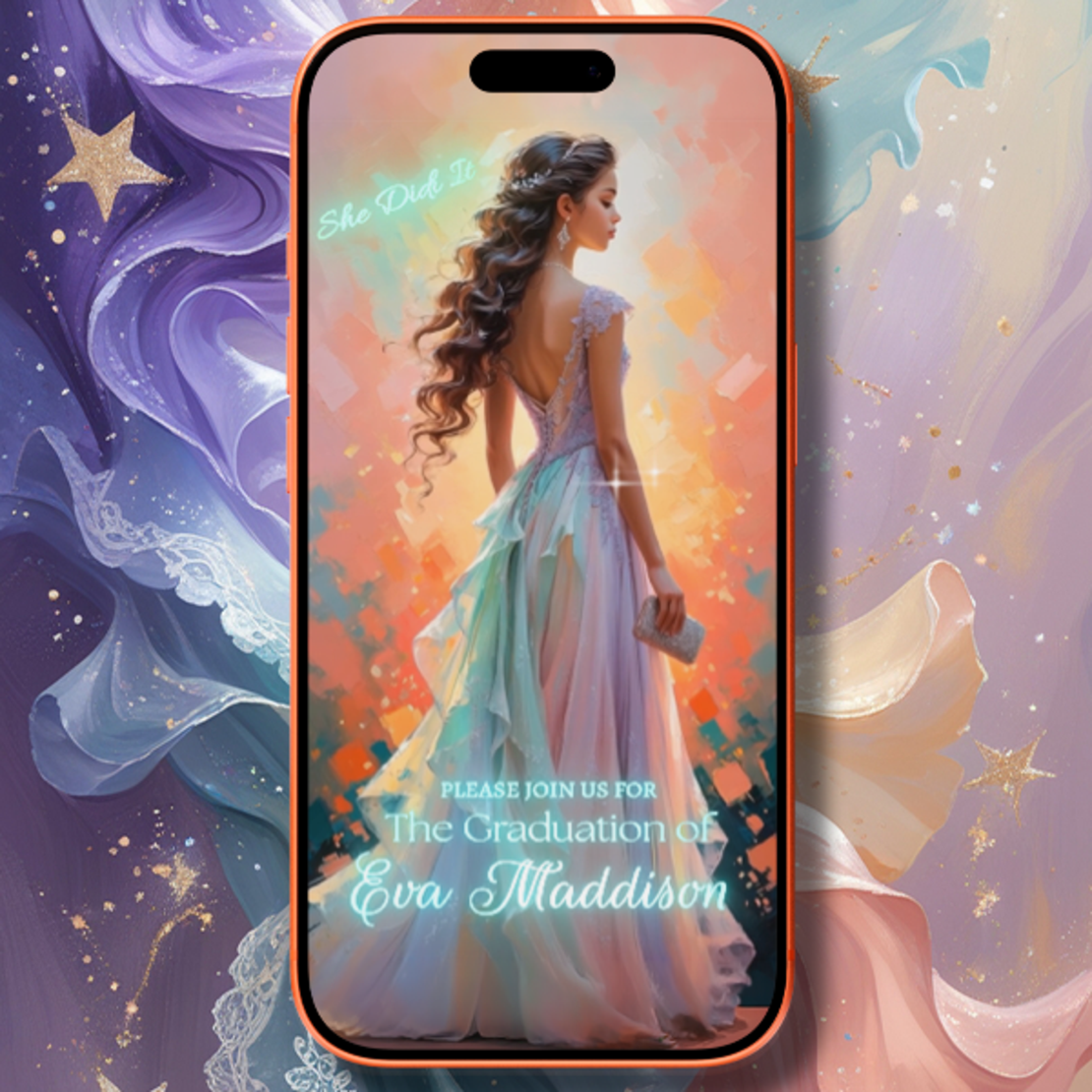 Magical Pastel Gown Prom Video Invitation, Digital Graduation Invite for Mobile
