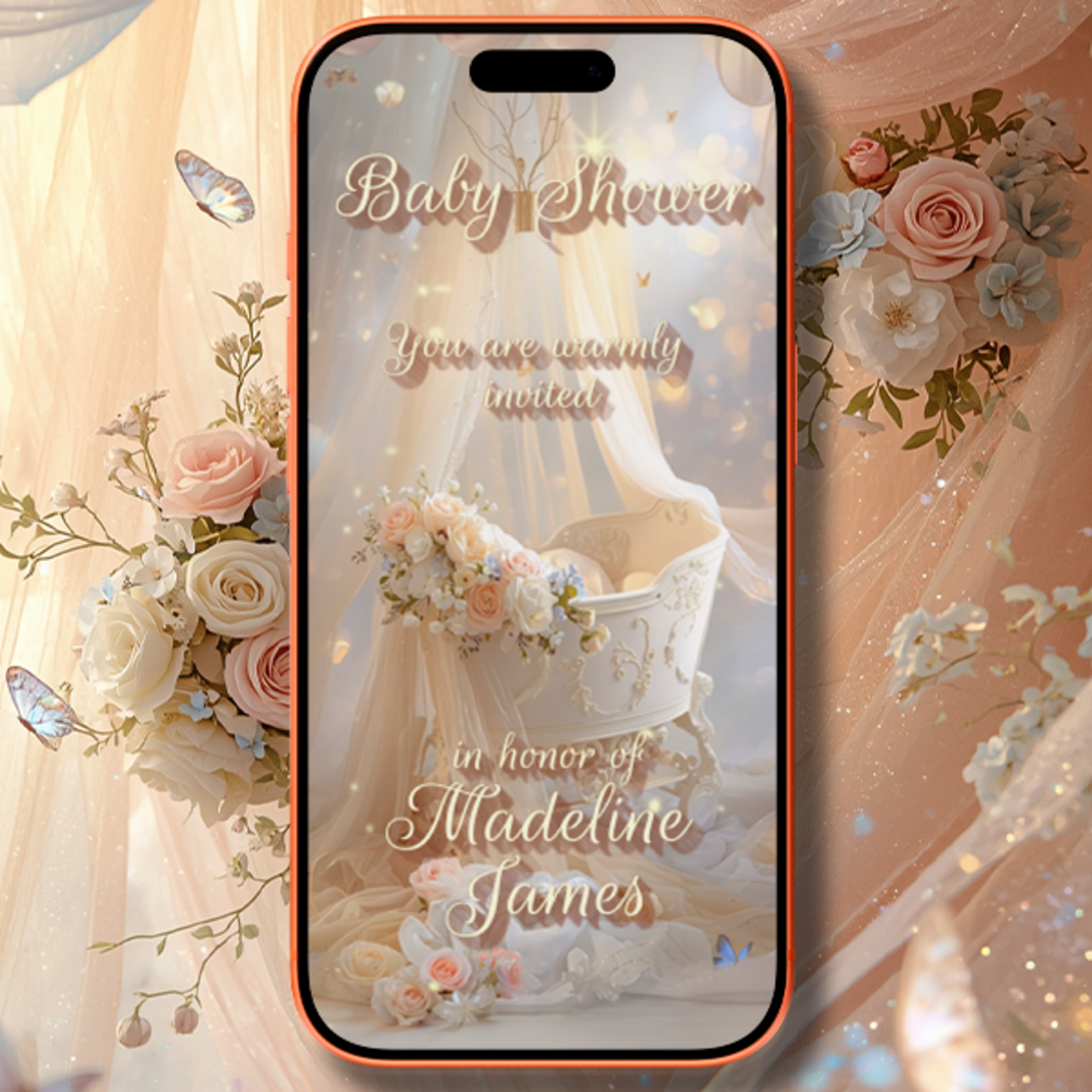 Elegant White Baby Crib Digital Video Invitation for Baby Shower