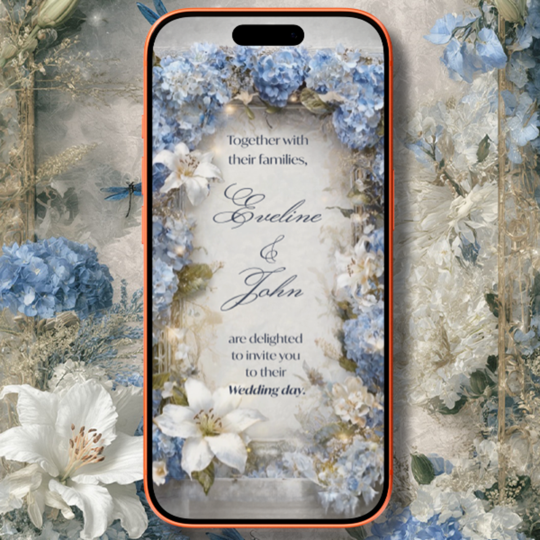 Elegant Blue Floral Wedding Video Invitation – Personalized Digital Wedding Invite