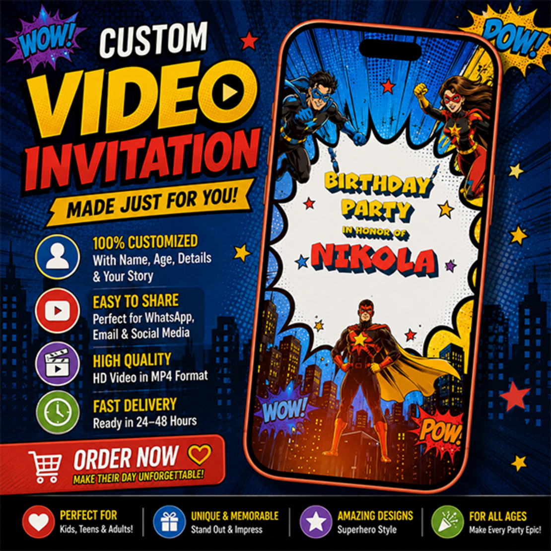 Comic Book Birthday Video Invitation | Personalized Cartoon Digital Party Invite