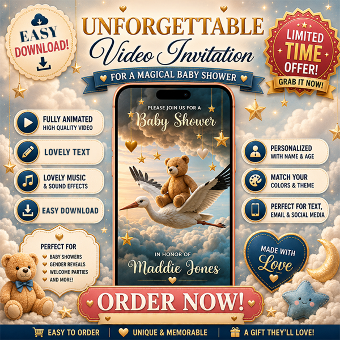 Animated Baby Shower Video Invitation: Cute Teddy Bear & Stork in Pastel Tones – Digital Invite with Music