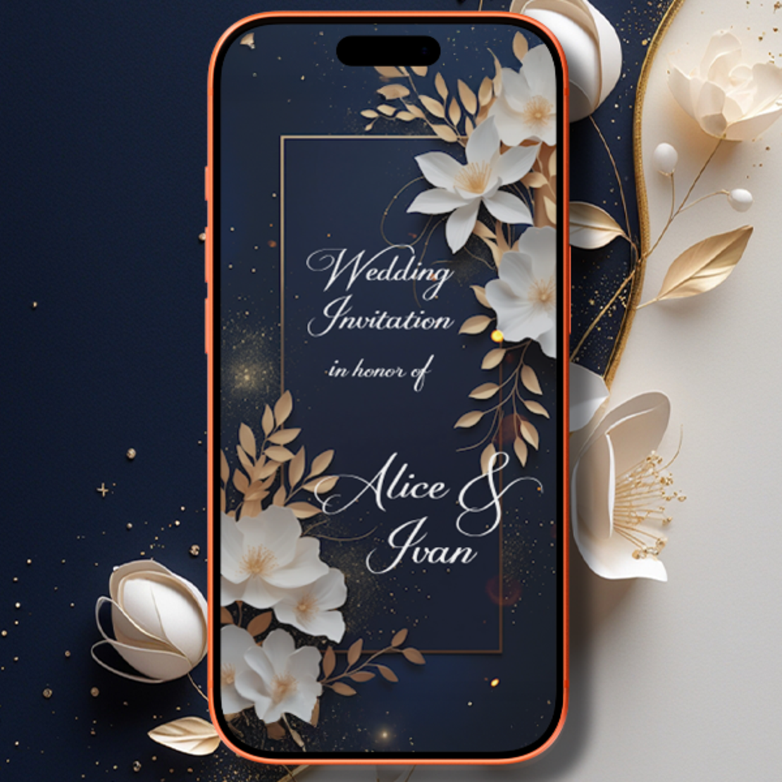Elegant Navy Blue Digital Wedding Invitation with White Floral Design