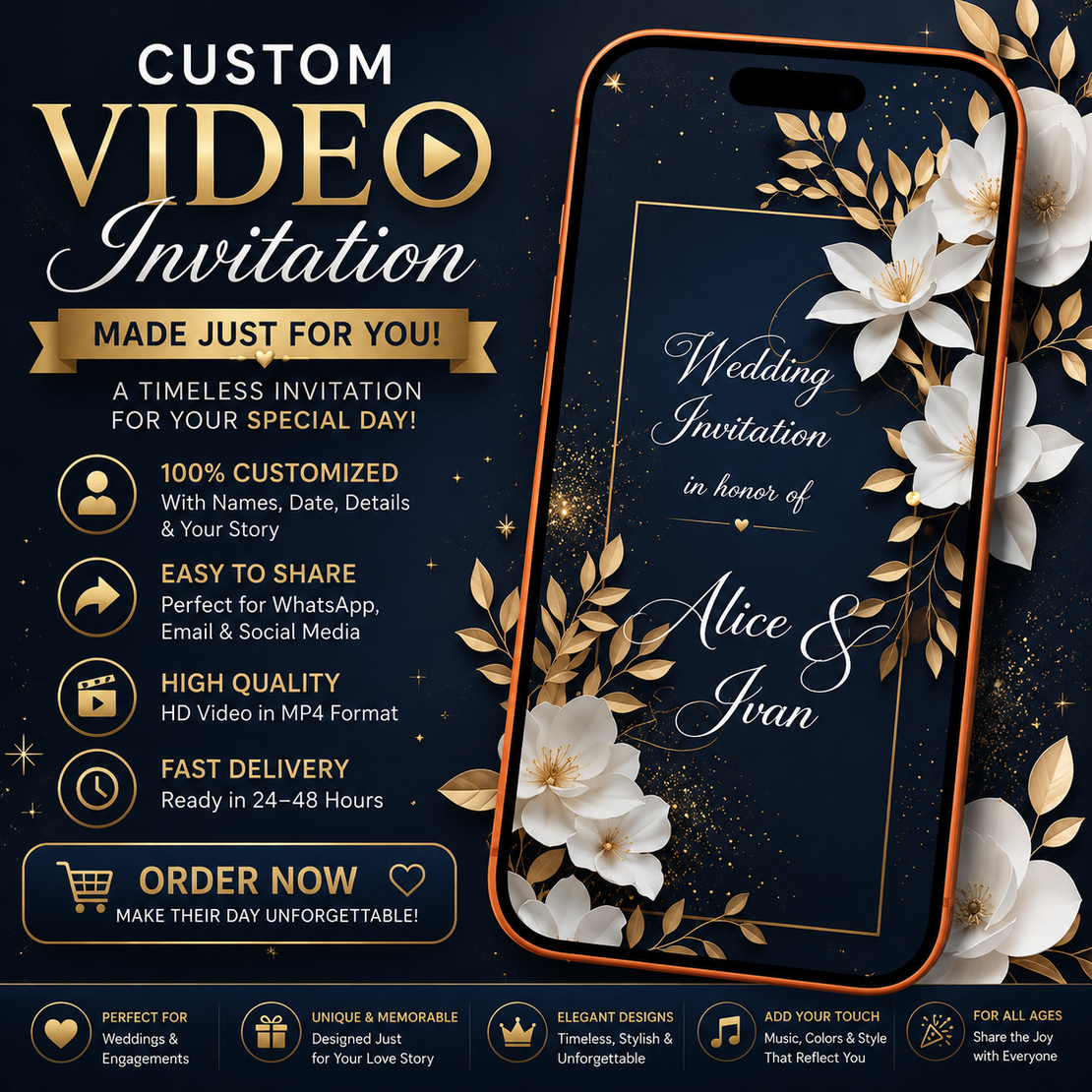 Navy Blue Wedding Video Invitation | Elegant White Floral Digital Wedding Invite