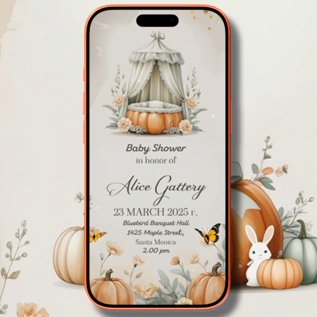 Fairytale Baby Shower Invitation with Pumpkin Carriage Crib – Romantic Hand-Drawn Design