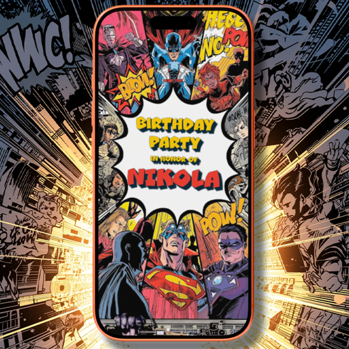 Comic Style Birthday Digital Video Invitation for Kids | Cartoon Pop Art Party Invite | Superhero Comic Book Theme Birthday Invitation