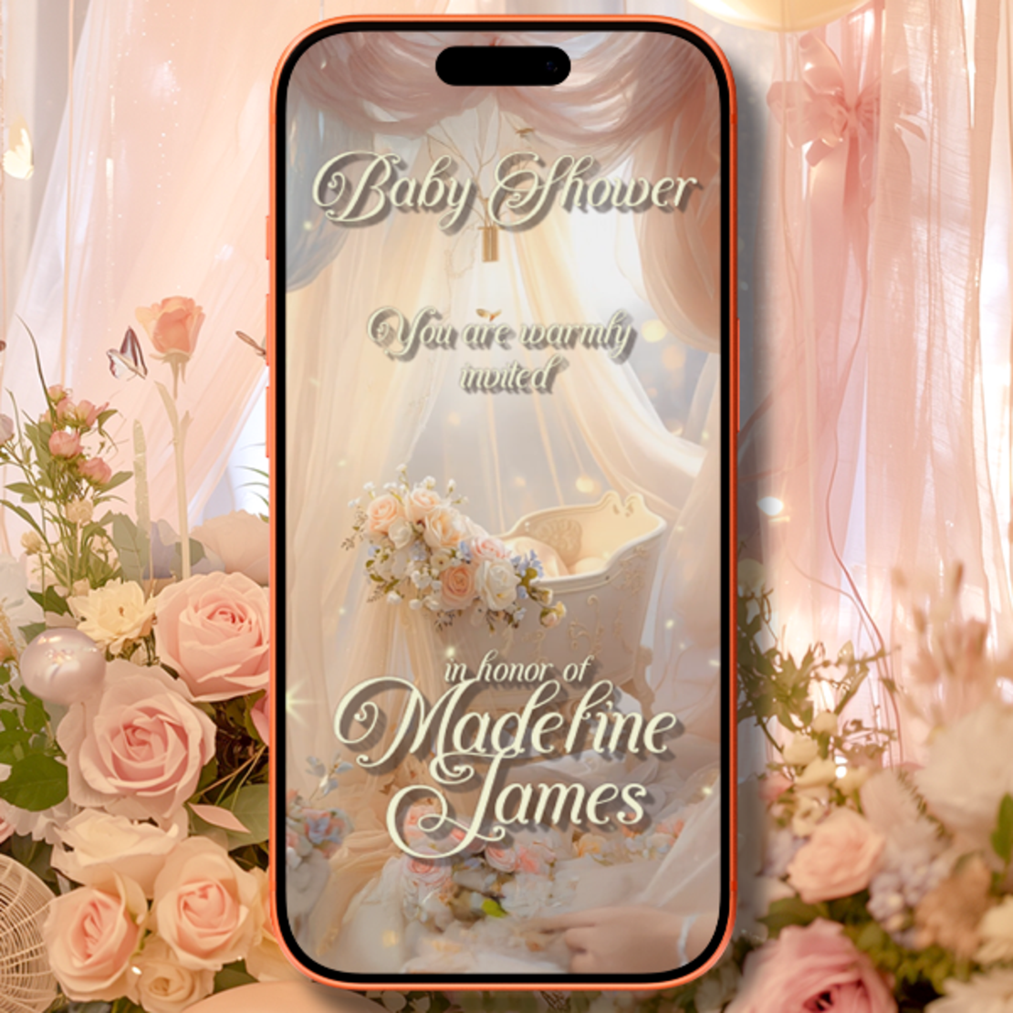 Elegant White Baby Crib Digital Video Invitation for Baby Shower