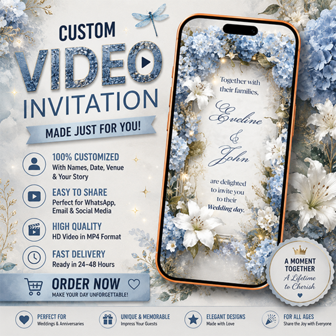 Elegant Blue Floral Wedding Video Invitation – Personalized Digital Wedding Invite
