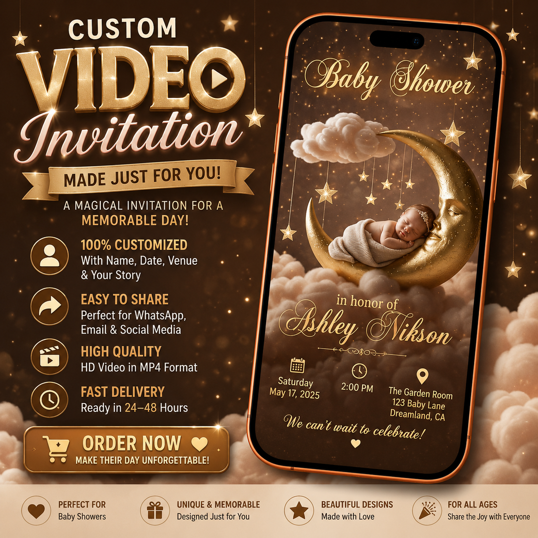 Dreamy Moon Baby Shower Video Invitation | Personalized Blush Pink Digital Invite