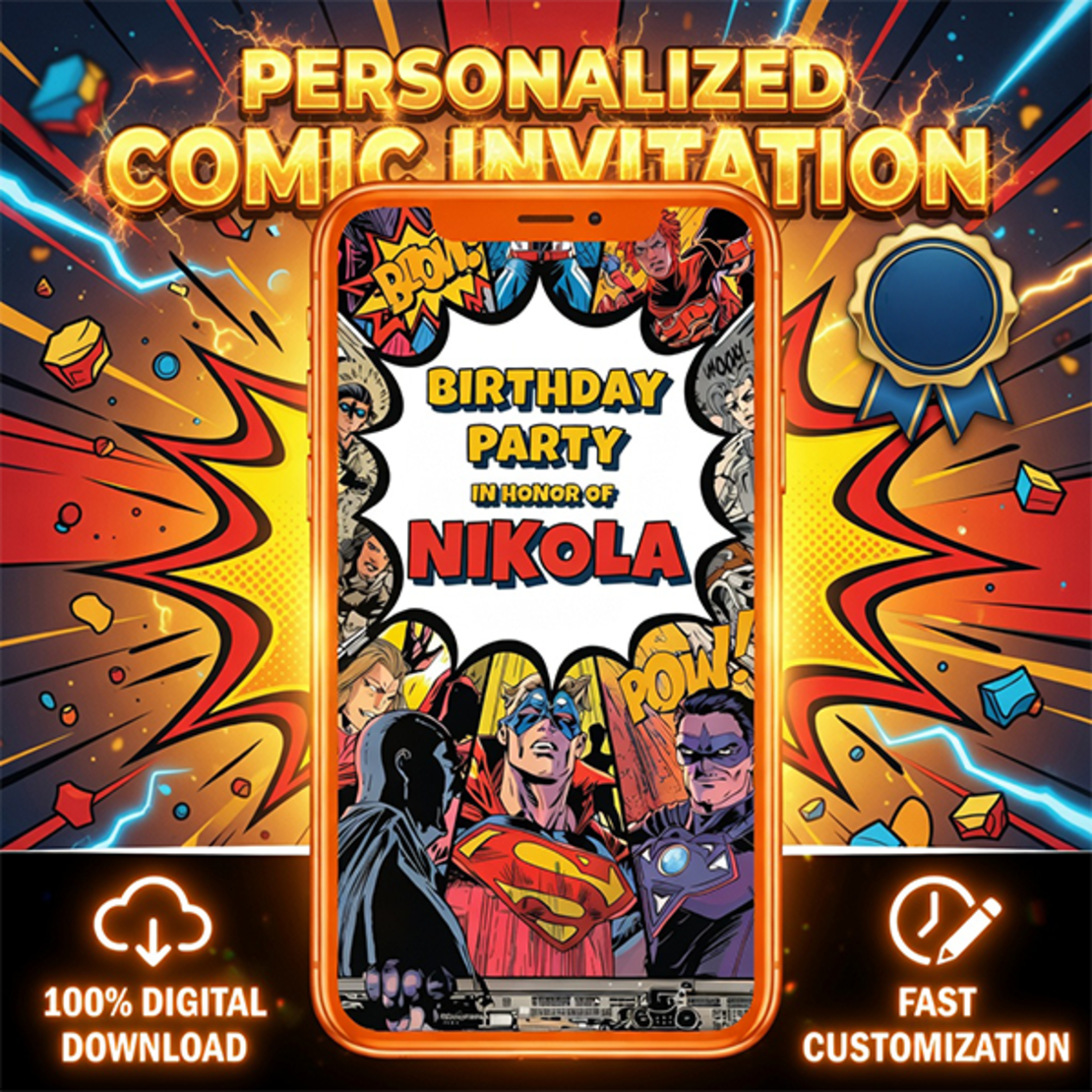 Comic Style Birthday Digital Video Invitation for Kids | Cartoon Pop Art Party Invite | Superhero Comic Book Theme Birthday Invitation