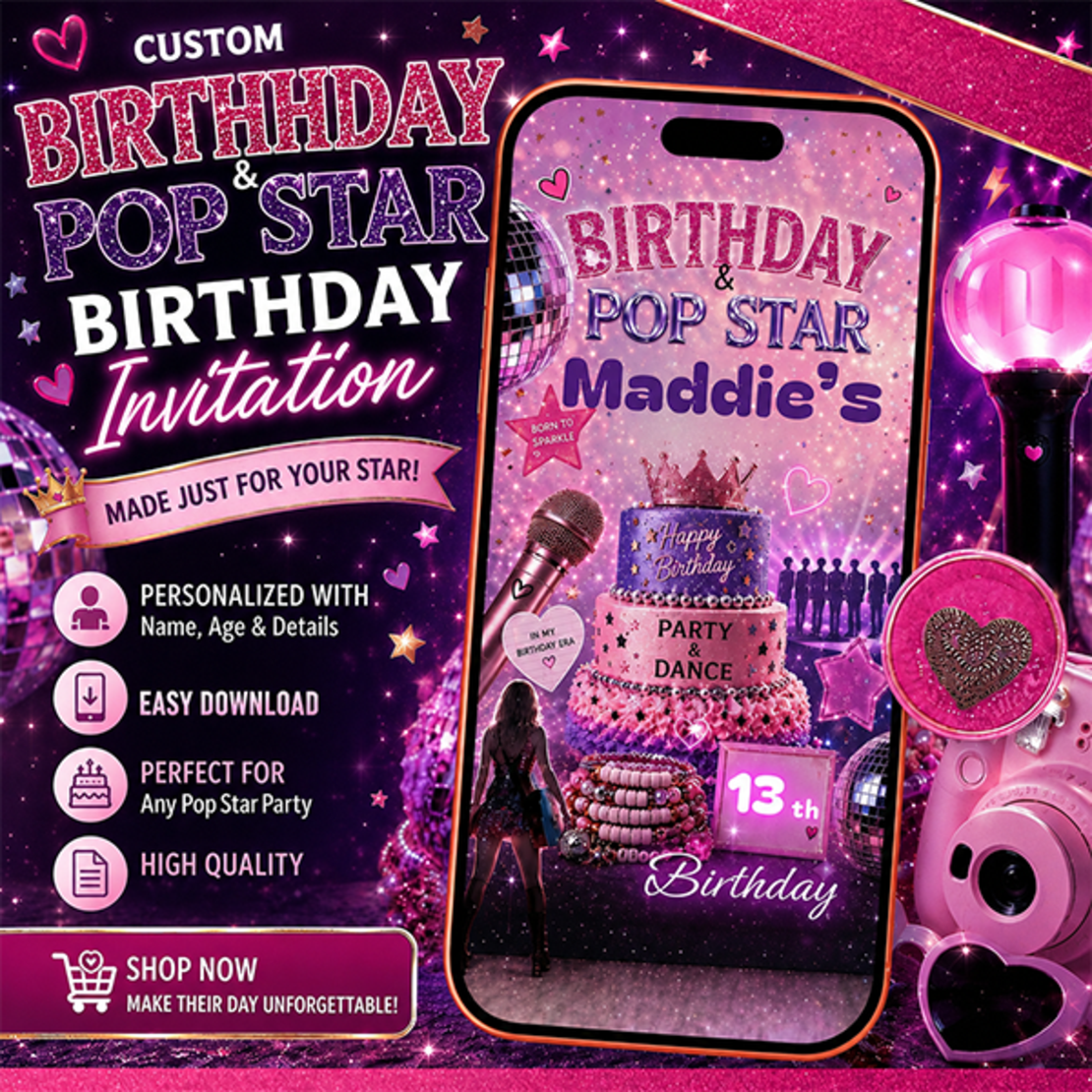 Pop Star Birthday Video Invitation for Girls | Personalized Digital Party Invite