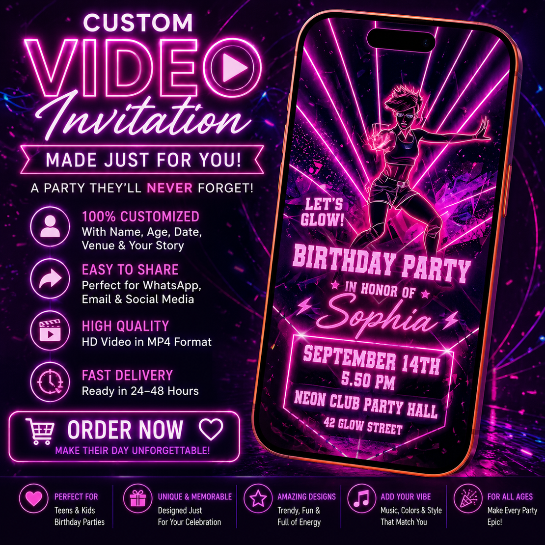 Glow Party Birthday Video Invitation | Personalized Neon Digital Invite