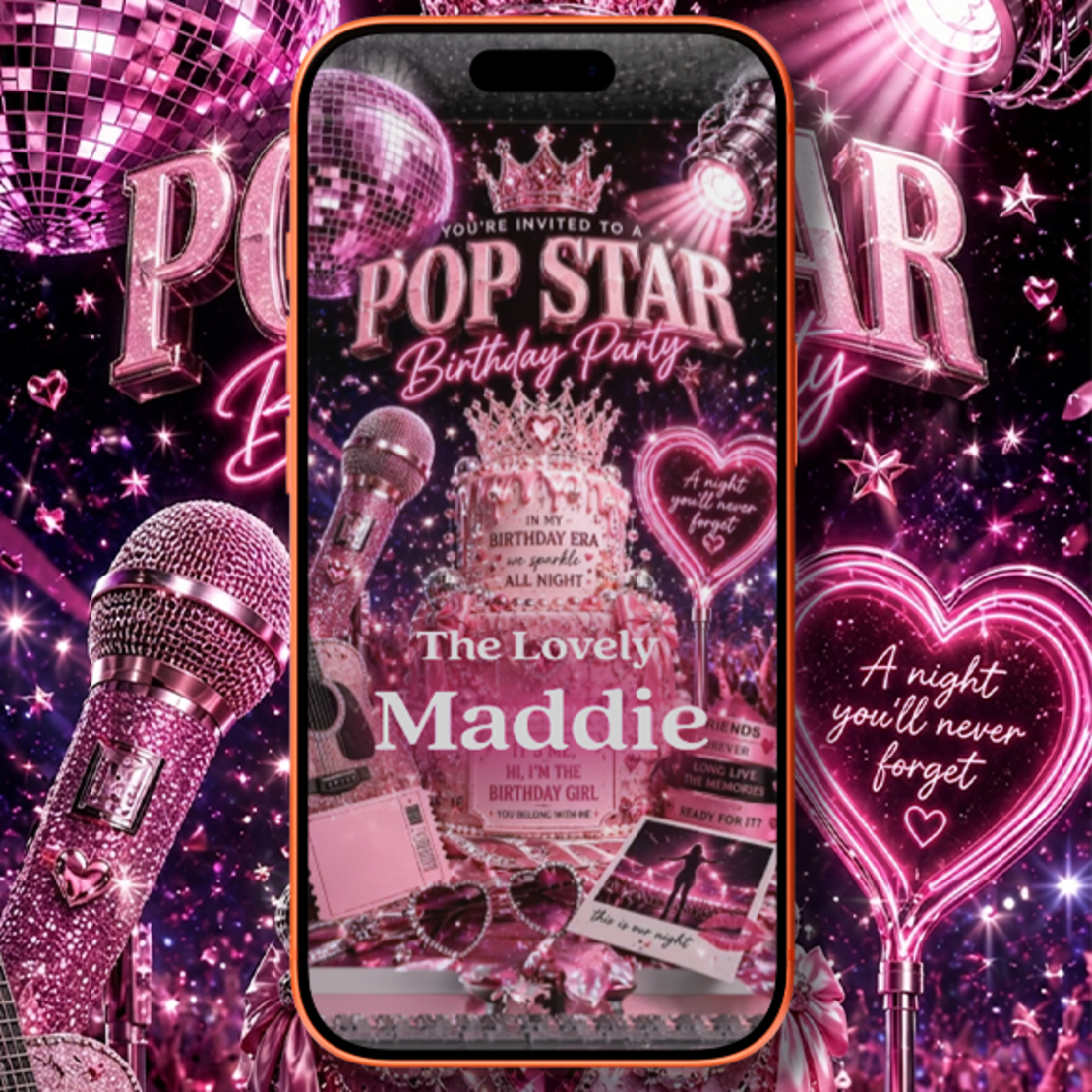 Pop Star Birthday Video Invitation for Girls | Personalized Pink Digital Party Invite