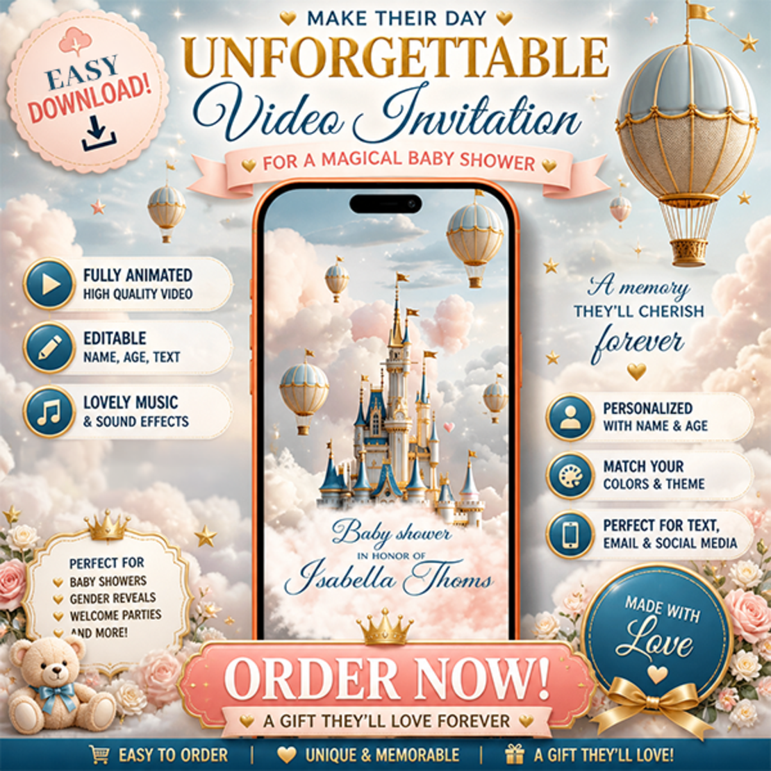 Royal Baby Shower Video Invitation, Digital Prince Princess Invite, Animated Gold King Queen Theme