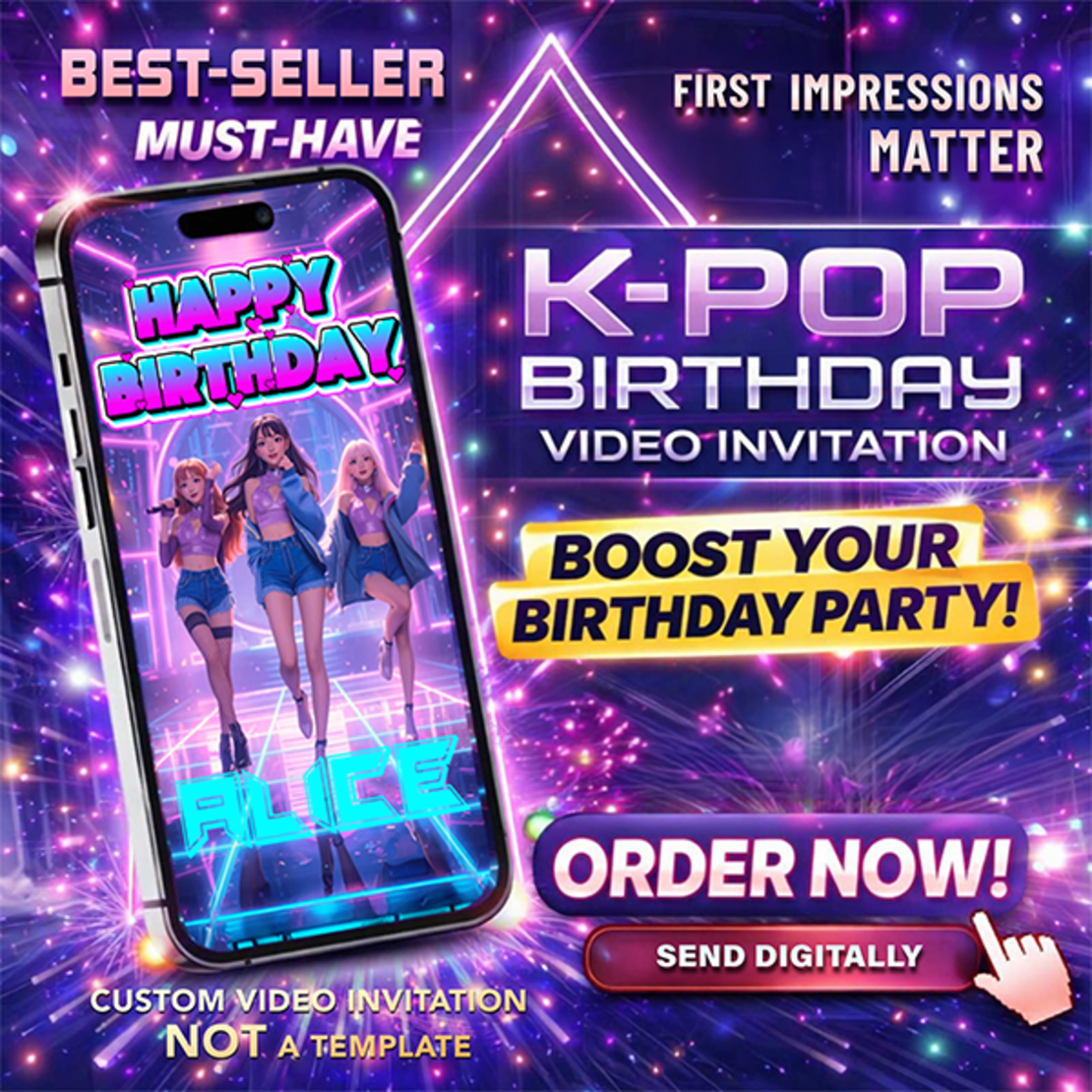 K-POP Birthday Party Digital Video Invitation – Fun & Stylish K-Pop Theme Invite
