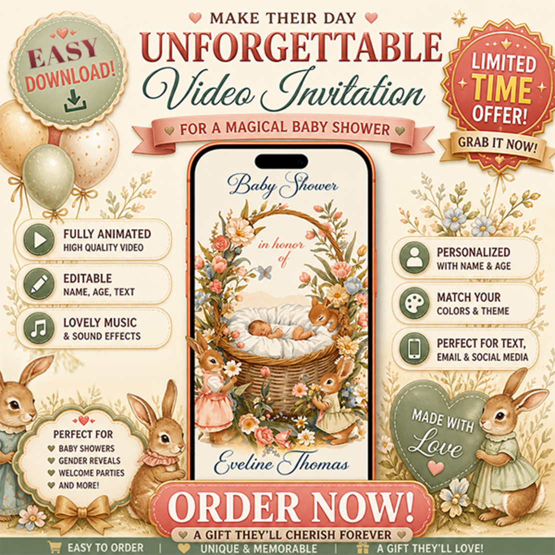 Digital Baby Shower Video Invitation - Cute Storybook Bunny in Soft Pastels