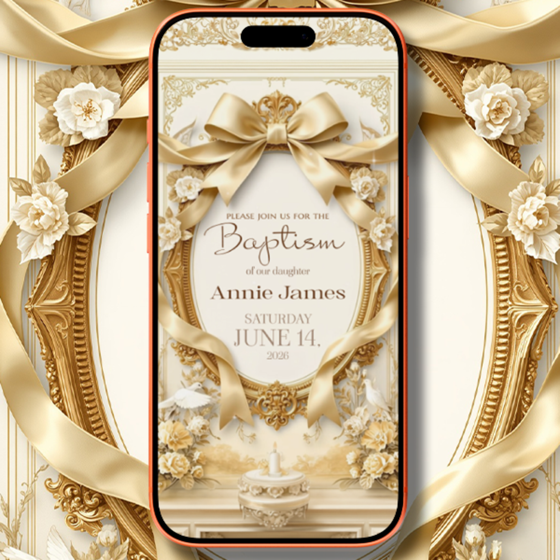 Luxury Gold & Yellow Baptism Video Invitation | Elegant Digital Christening Invite