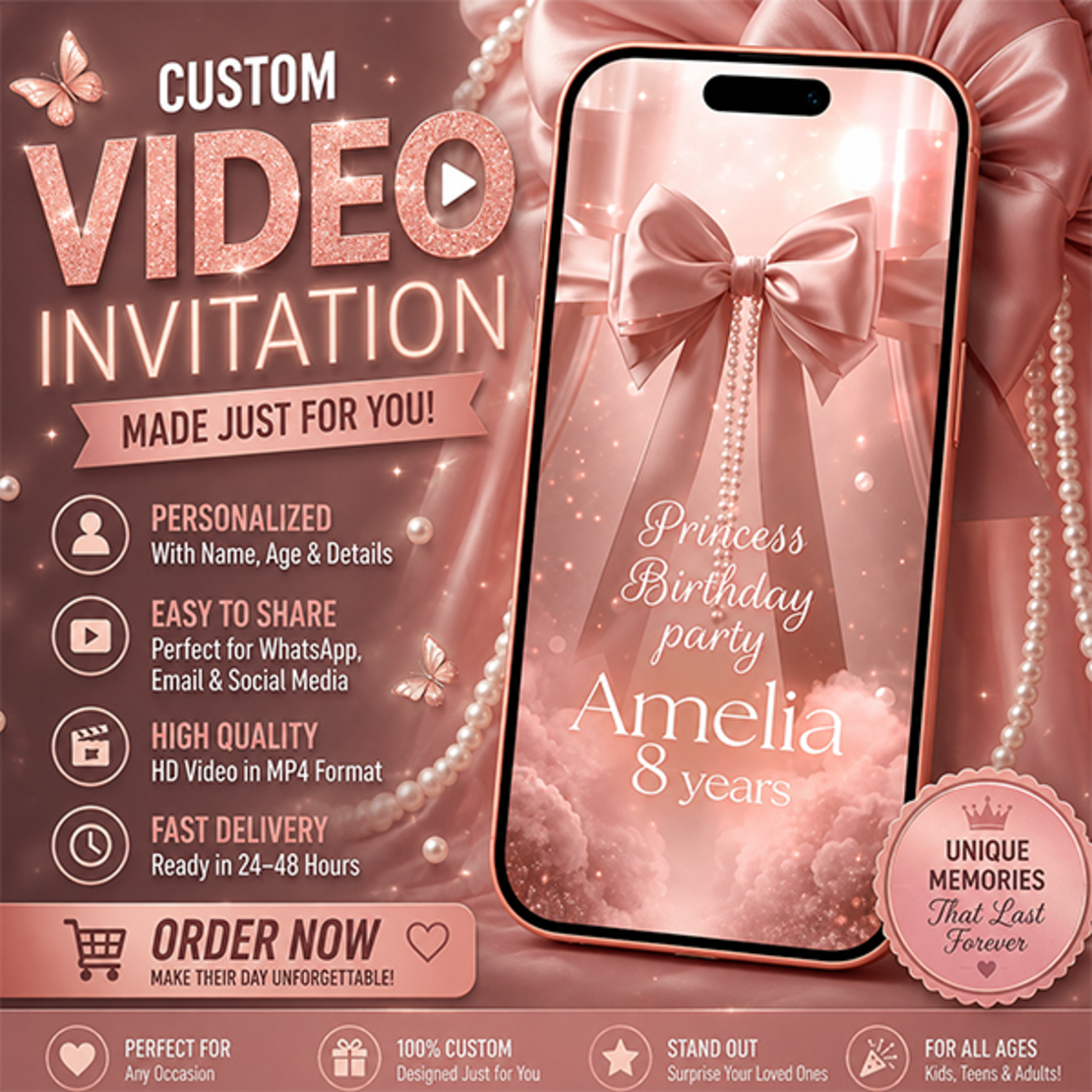 Pink Bow Princess Birthday Video Invitation for Girls | Personalized Digital Party Invite
