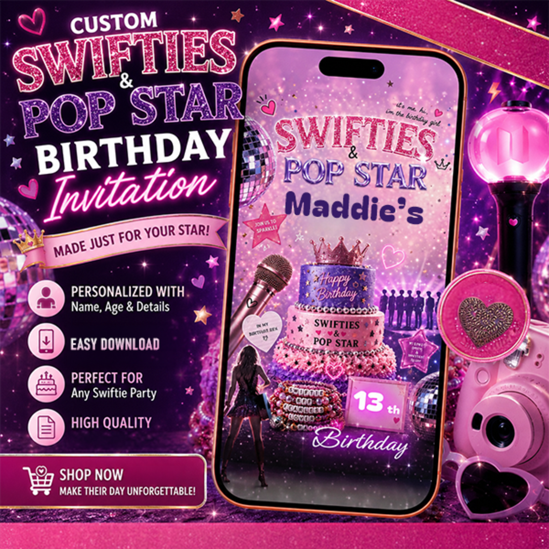 Swiftie Video Invitation, Pop Star 13th Birthday Invitation Mobile, Animated Birthday Invite Digital, Teen Girl Pop Star Party