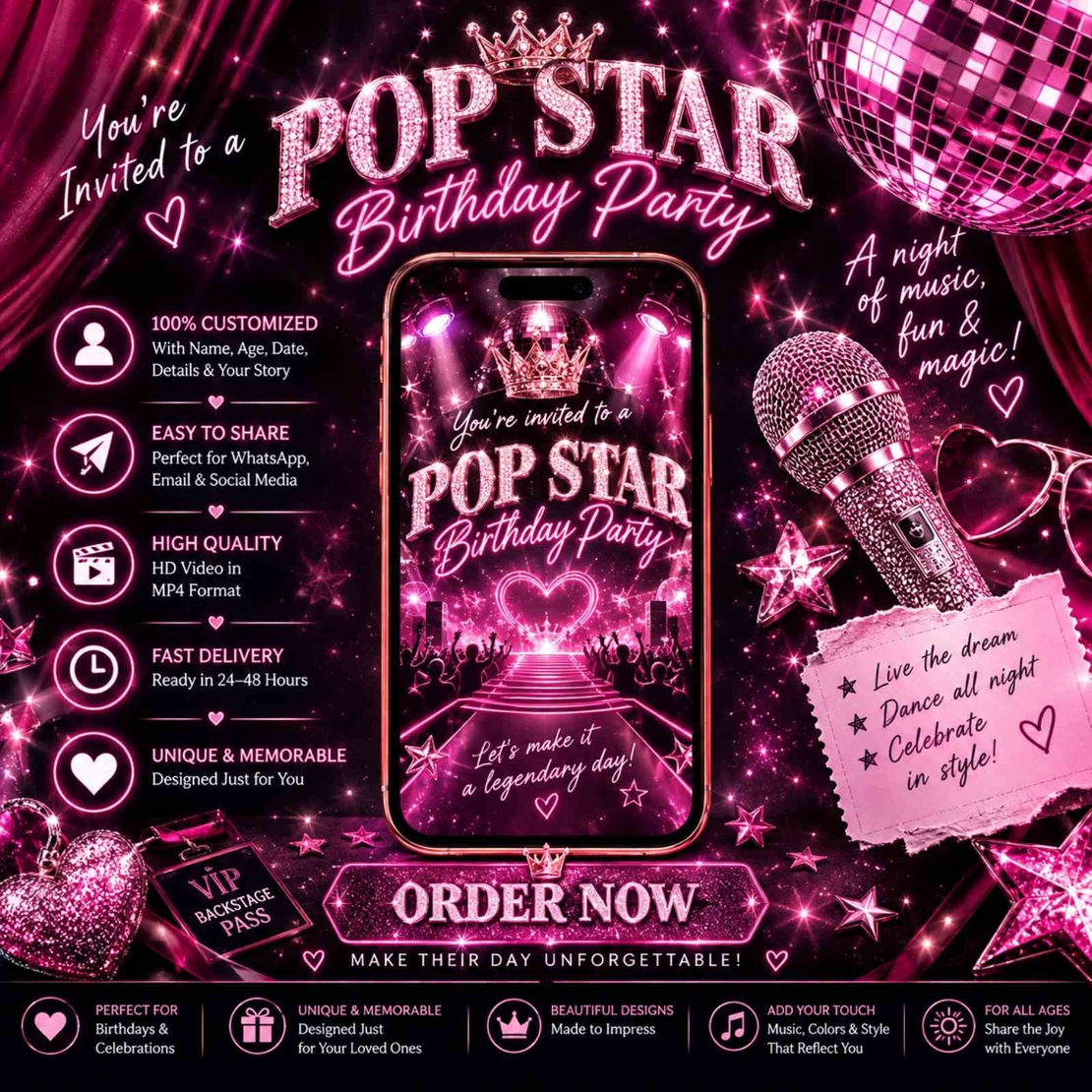 Pop Star Birthday Video Invitation for Girls | Personalized Pink Digital Party Invite