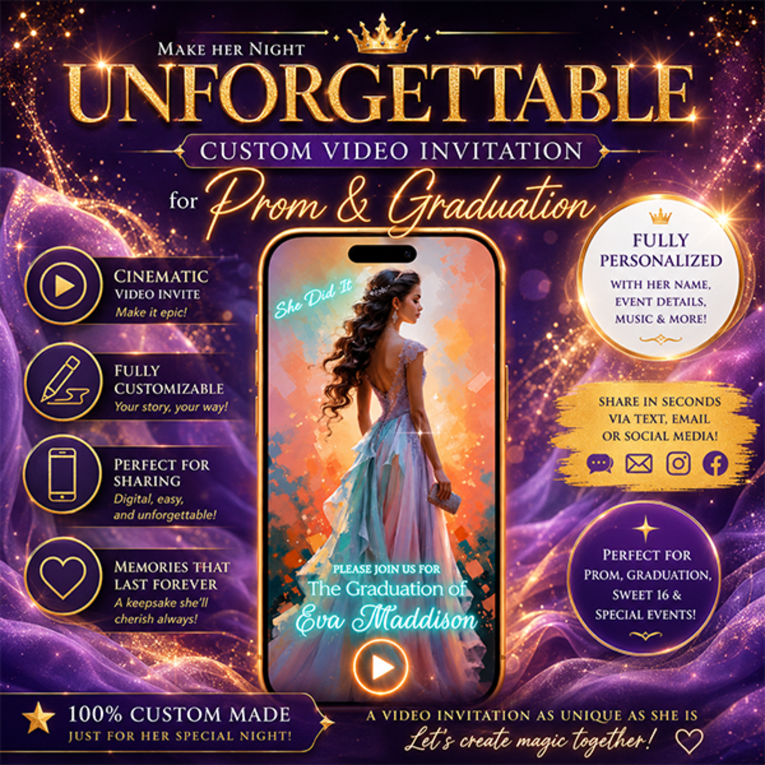 Magical Pastel Gown Prom Video Invitation, Digital Graduation Invite for Mobile