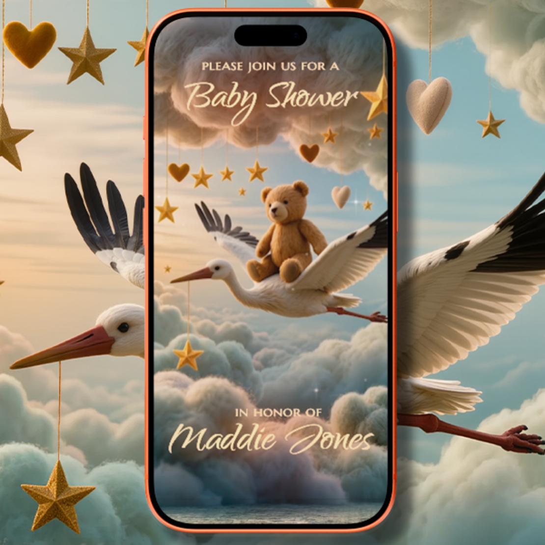 Animated Baby Shower Video Invitation: Cute Teddy Bear & Stork in Pastel Tones – Digital Invite with Music