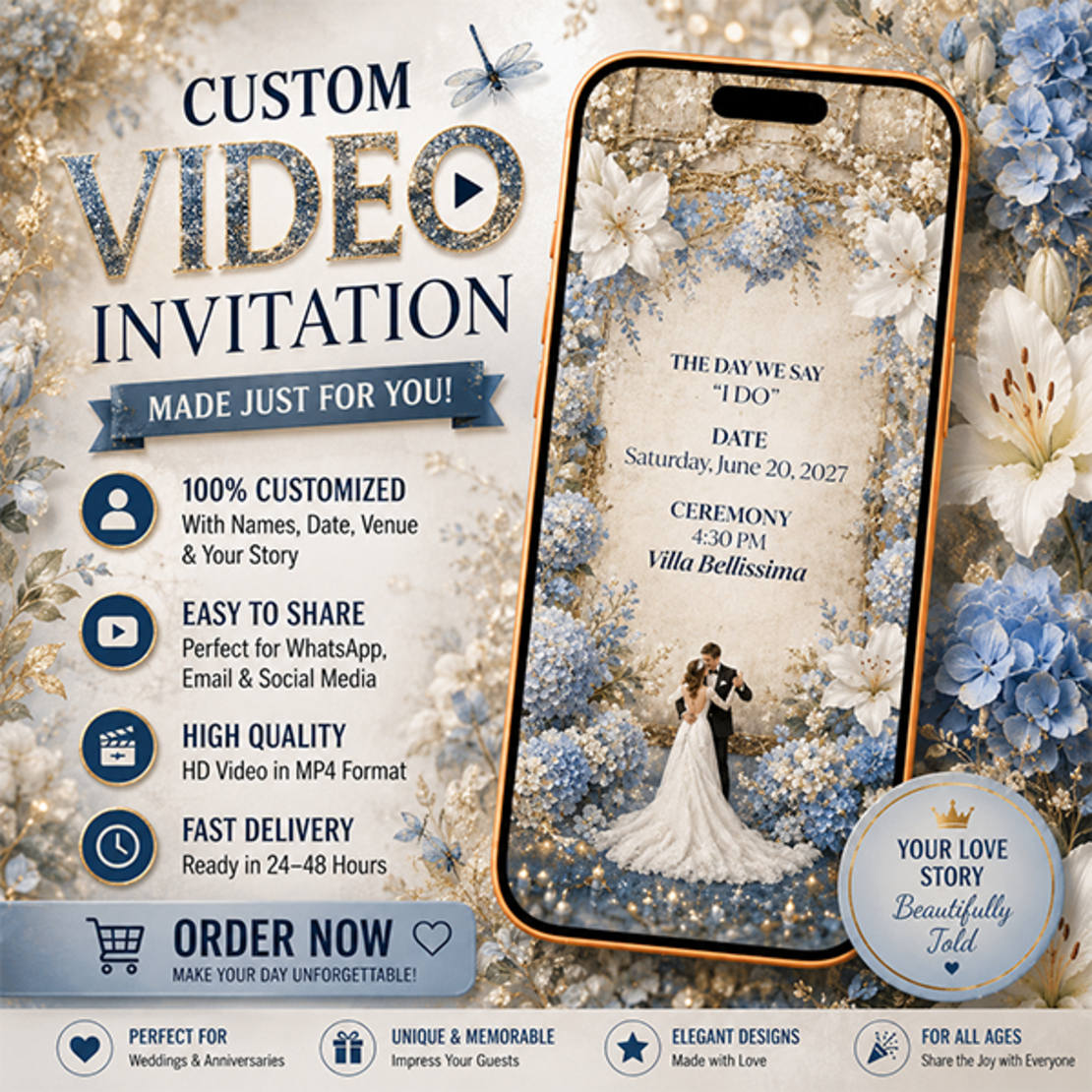 Elegant Blue Floral Wedding Video Invitation – Personalized Digital Wedding Invite