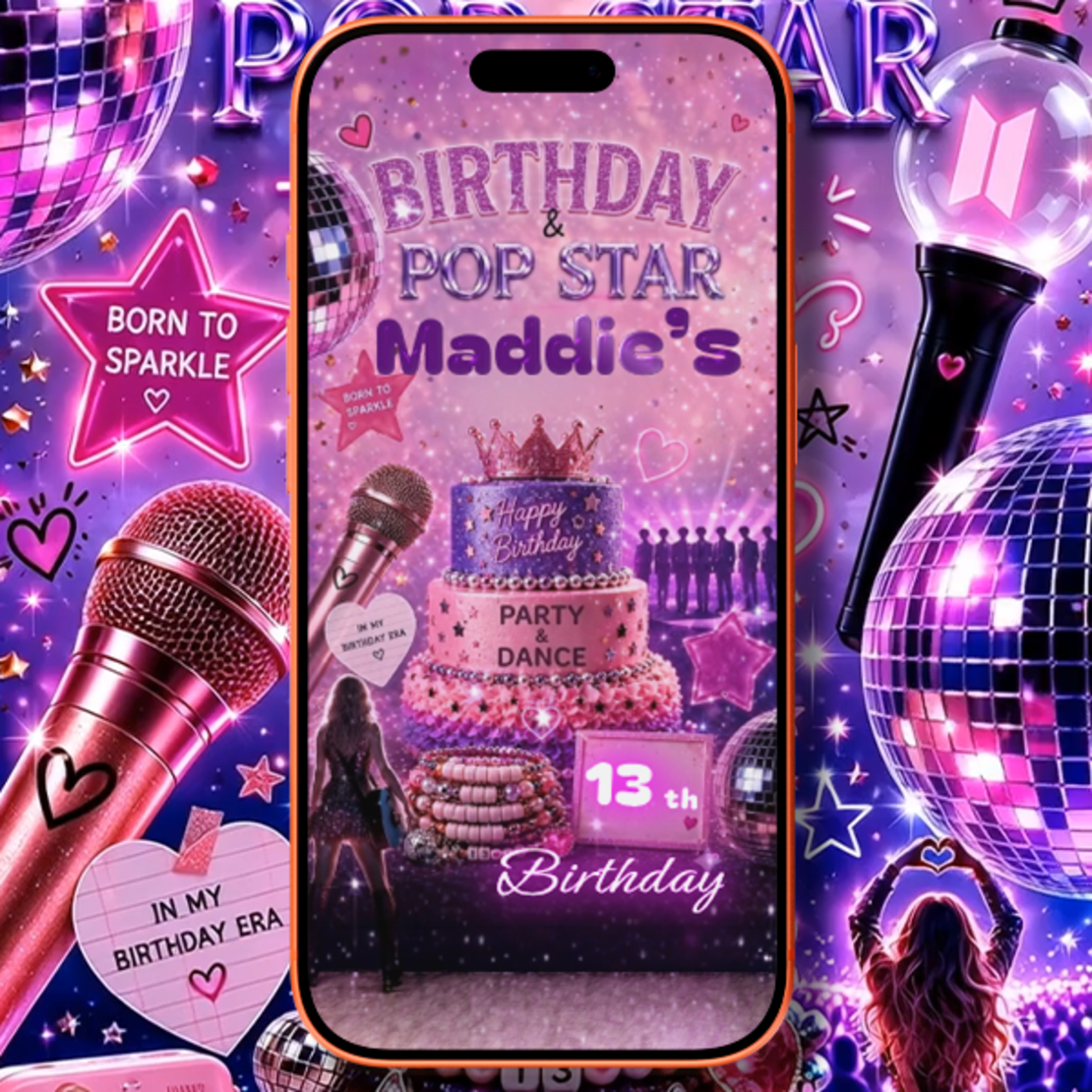 Pop Star Birthday Video Invitation for Girls | Personalized Digital Party Invite