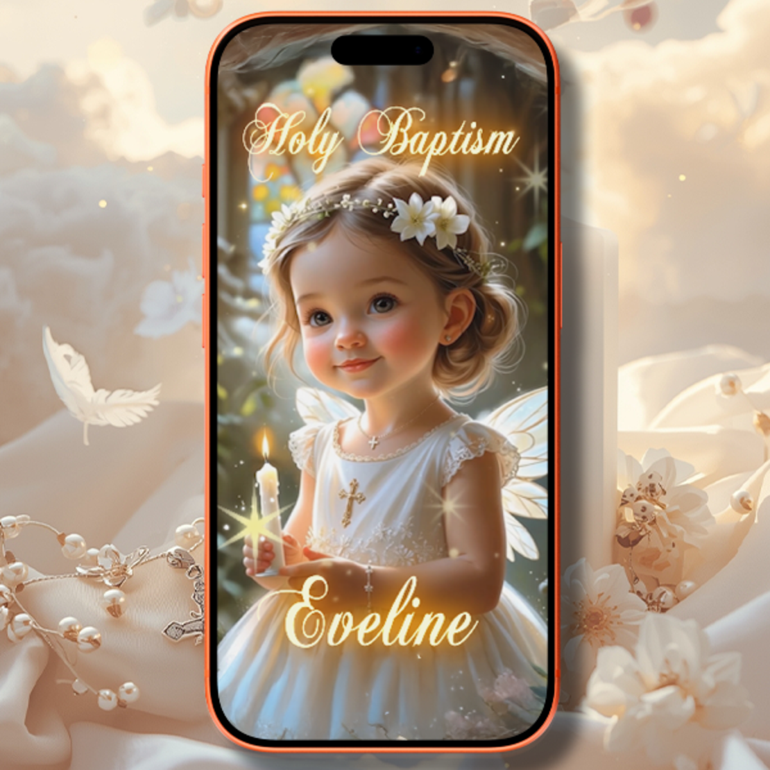 Elegant Baby Girl Baptism Digital Video Invitation – Luxury Christening Invite with Delicate Holy Symbols & Soft Pastel Design