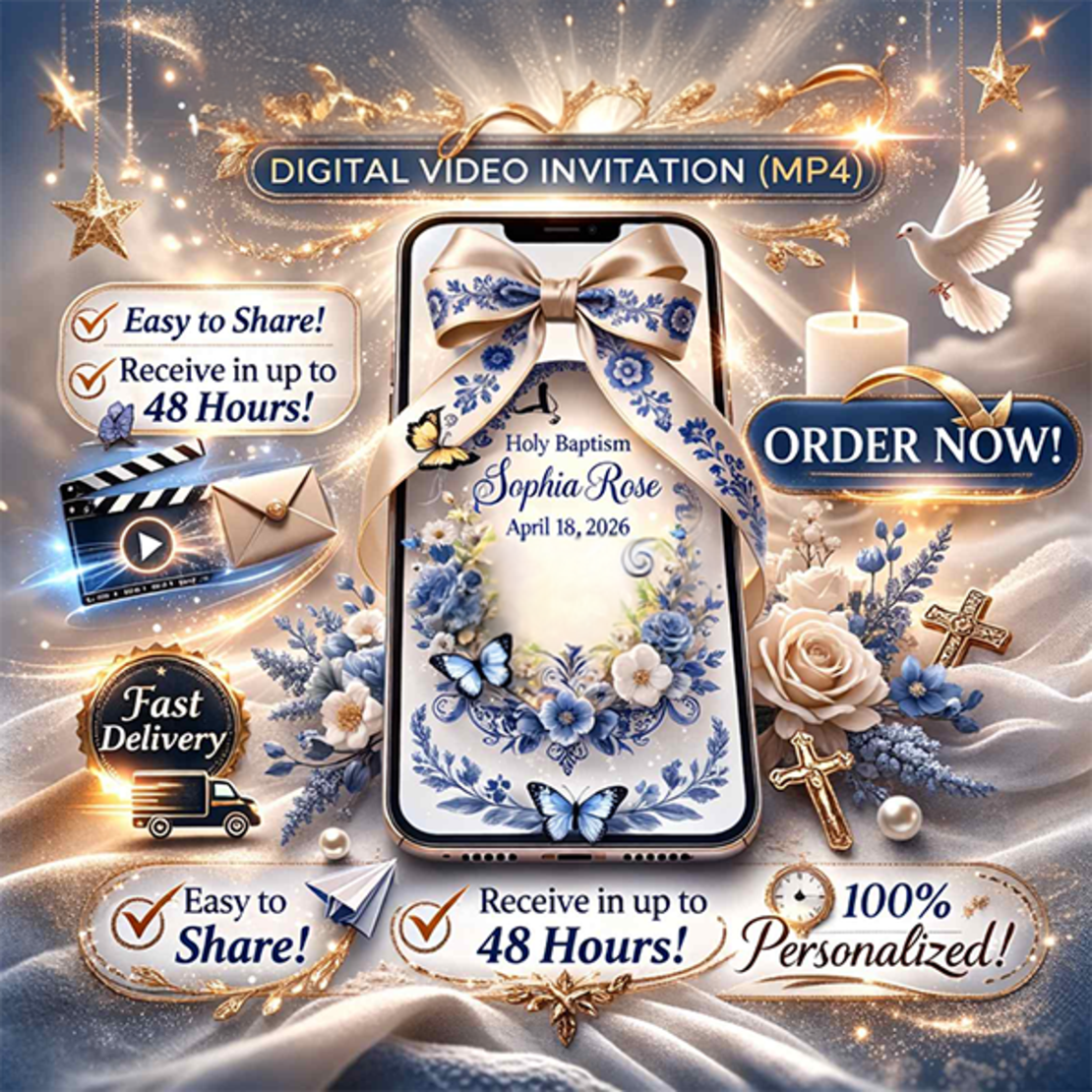 Elegant Baptism Digital Video Invitation-Design with Delicate Illustrations and Fine Art Details