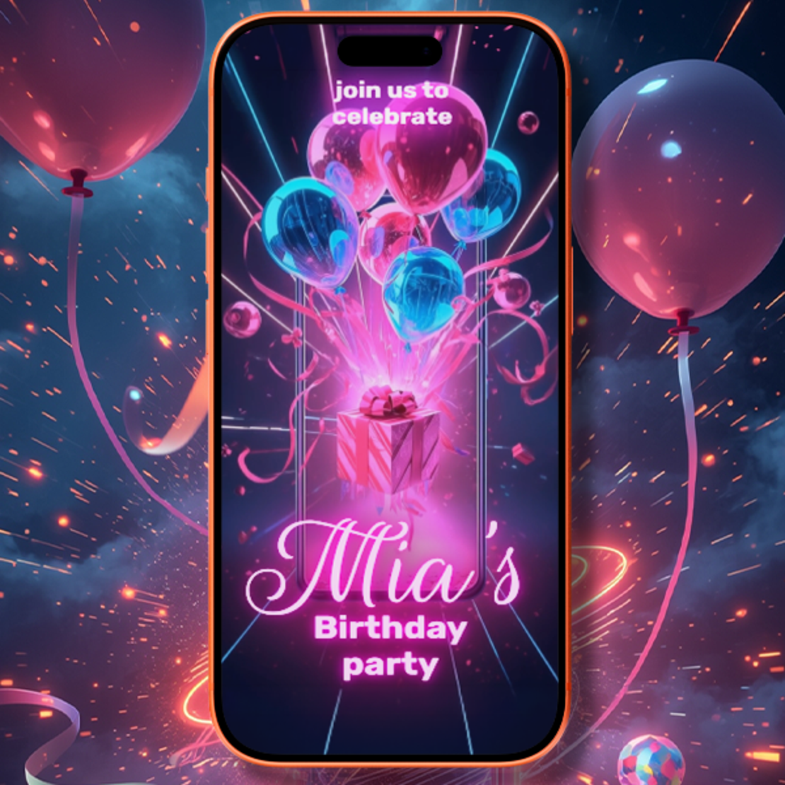 3D Neon Glow Birthday Video Invitation for Mobile