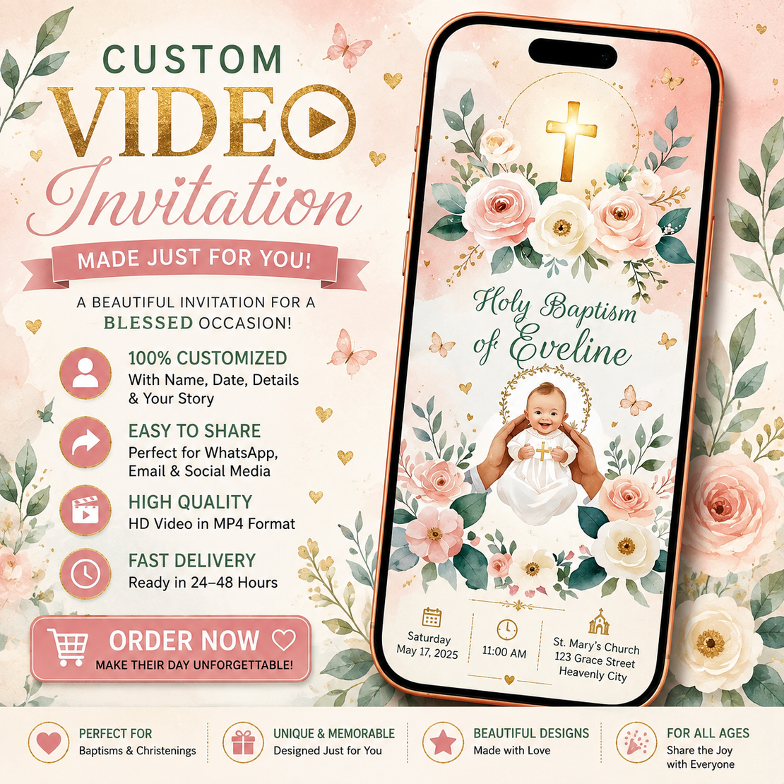 Floral Christening Video Invitation for Baby Girl | Pink Baptism Invite
