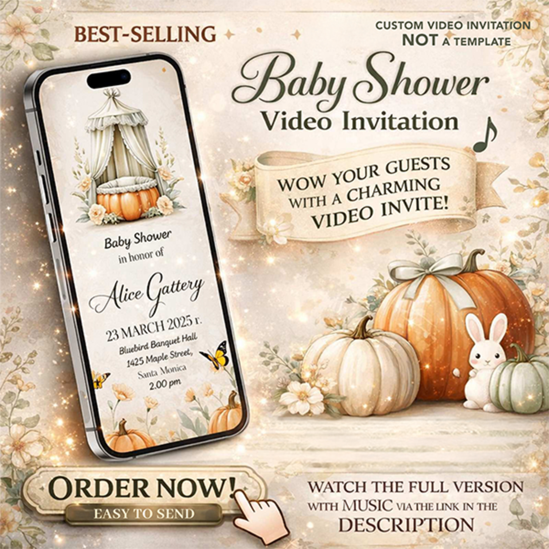 Fairytale Baby Shower Invitation with Pumpkin Carriage Crib – Romantic Hand-Drawn Design