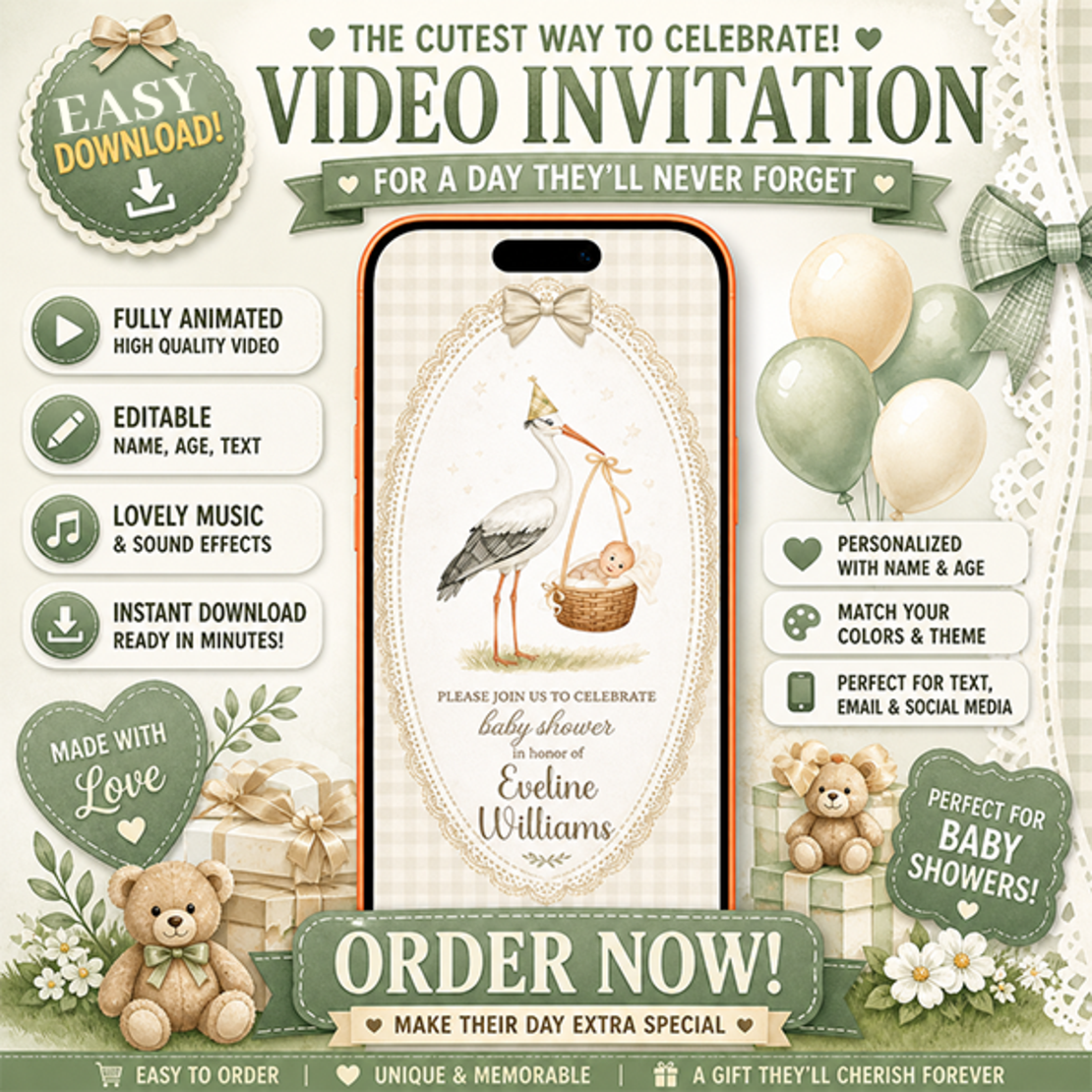 Digital Baby Shower Invitation Video,  Vintage Theme, Soft Pastel Animated Invite for Girl or Boy