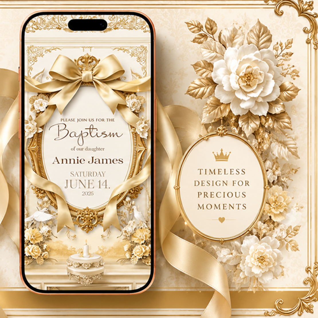 Luxury Gold & Yellow Baptism Video Invitation | Elegant Digital Christening Invite