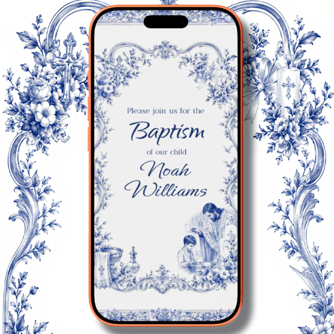 Blue Chinoiserie Boy Baptism Video Invitation, Elegant Toile de Jouy Christening Electronic Invite, Digital Smartphone Baptismal Announcement Template