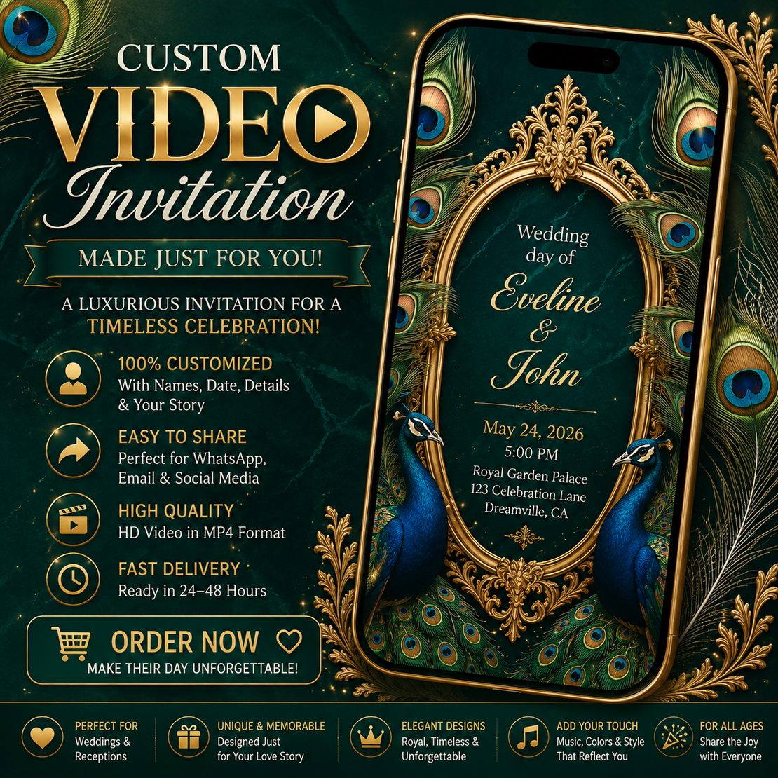 Luxury Peacock Wedding Video Invitation | Elegant Emerald & Gold Digital Wedding Invite
