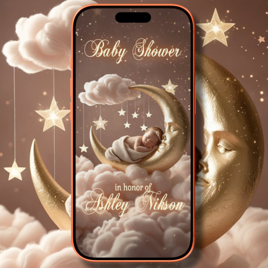 Blush Pink Baby Shower Digital Video Invitation – Sleeping Baby on the Moon, Dreamy Rose Clouds, Elegant Ash Rose Pastel Theme
