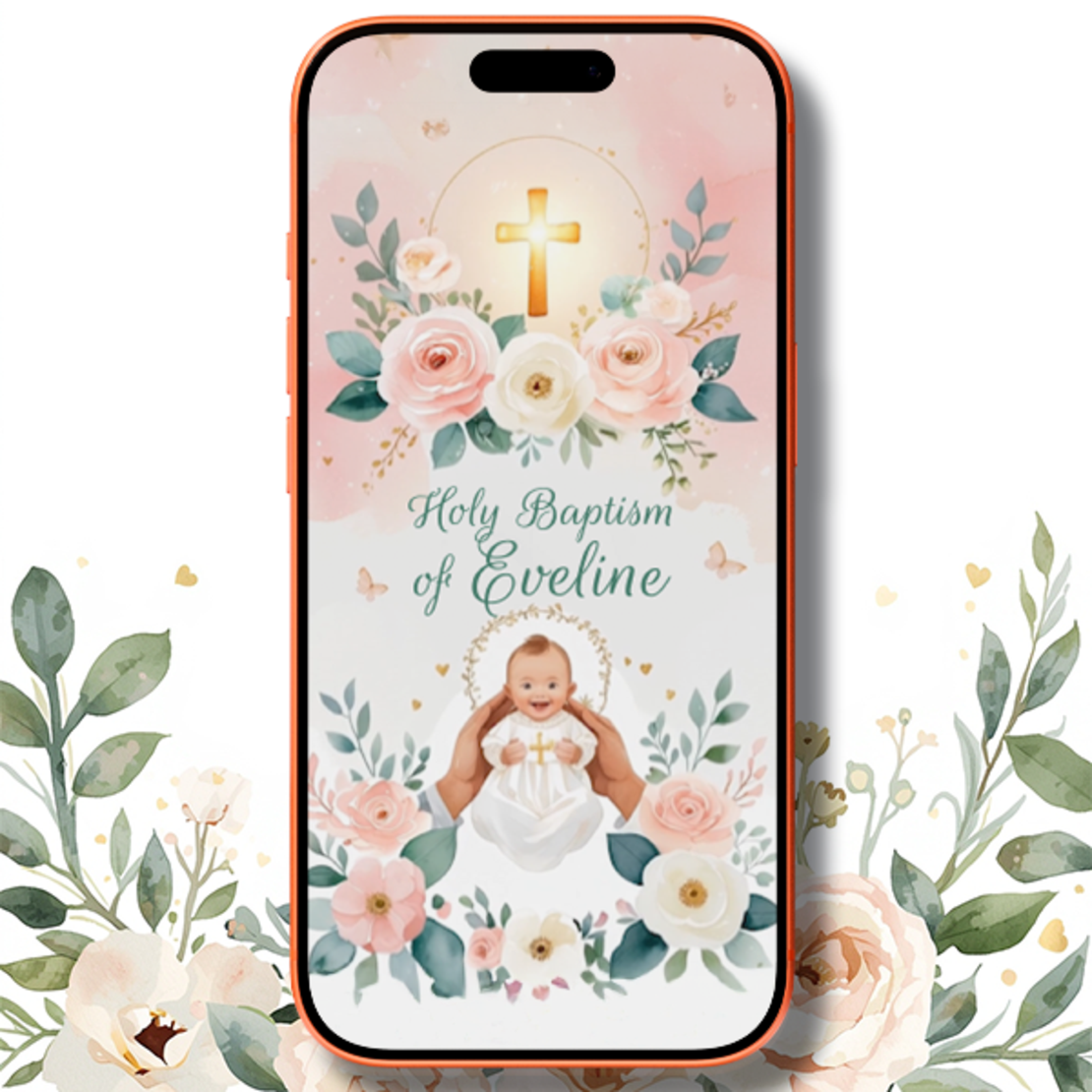 Baby Baptism Video Invitation – Elegant Digital Invitation with Pastel Floral Design
