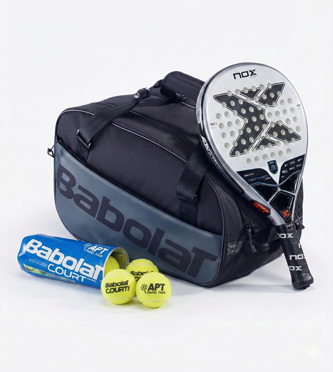 Комплект сак EVO COURT S BLACK + NOX Next Gen Pro Hybrid 3K + топки ACE PADEL