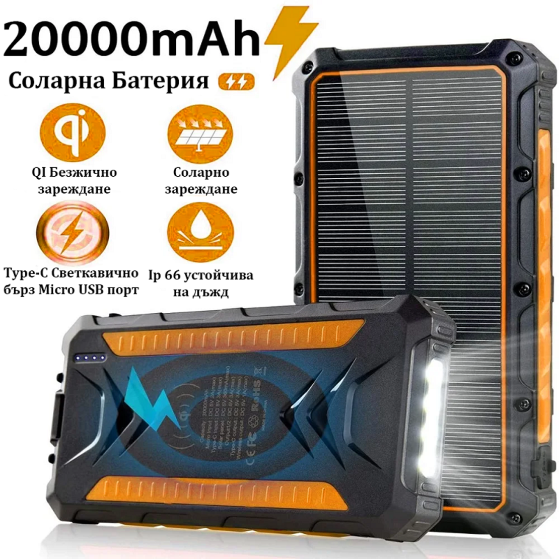 Слънчева акумулаторна батерия / Solar Power Bank 20000 mAh