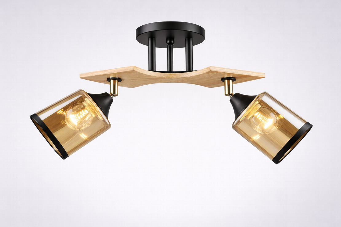 Модерен полилей 2 × E27 с метал и дърво – черно и натурално дърво и мес