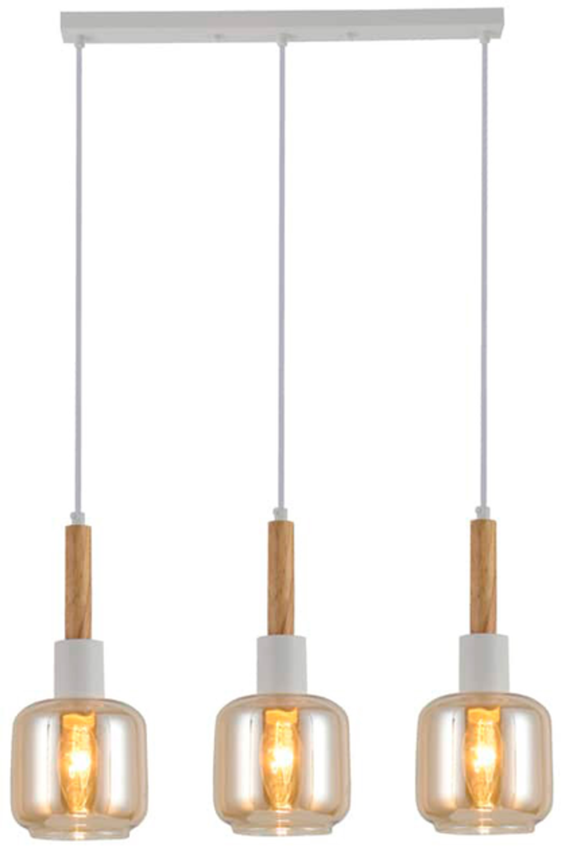 Винтидж полилей от бял метал, дърво и стъкло – 3xE14, регулируема височина