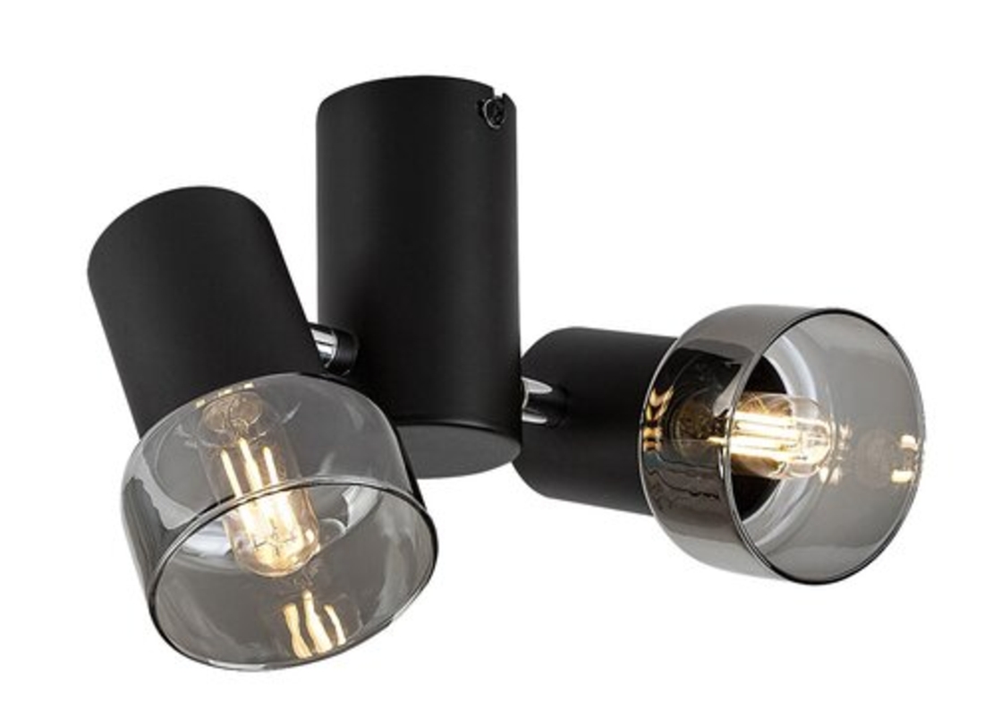 Модерен двоен спот – E14, 2xMAX15W, IP20, черен метал, стъкло с димен цвят