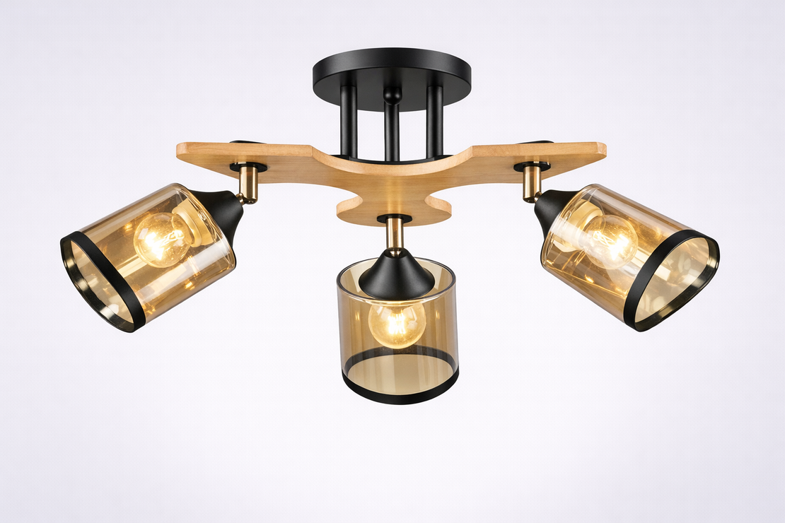 Модерен полилей 3 × E27 с метал и дърво – черно , натурално дърво и мес