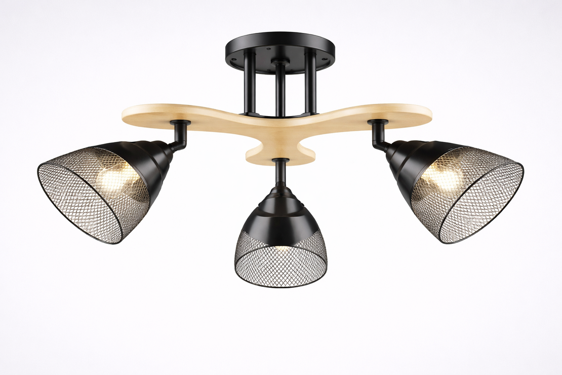 Модерен полилей 3 × E27 с метал и дърво – черно и натурално дърво