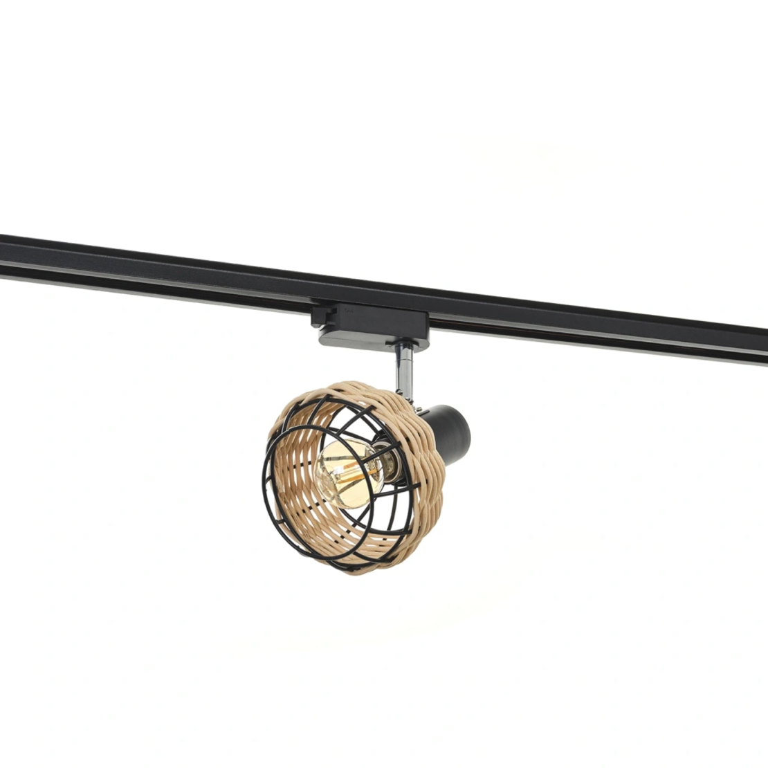 Черен релсов спот с ратанов абажур – 1xE14, подвижно тяло, модерен натурален стил