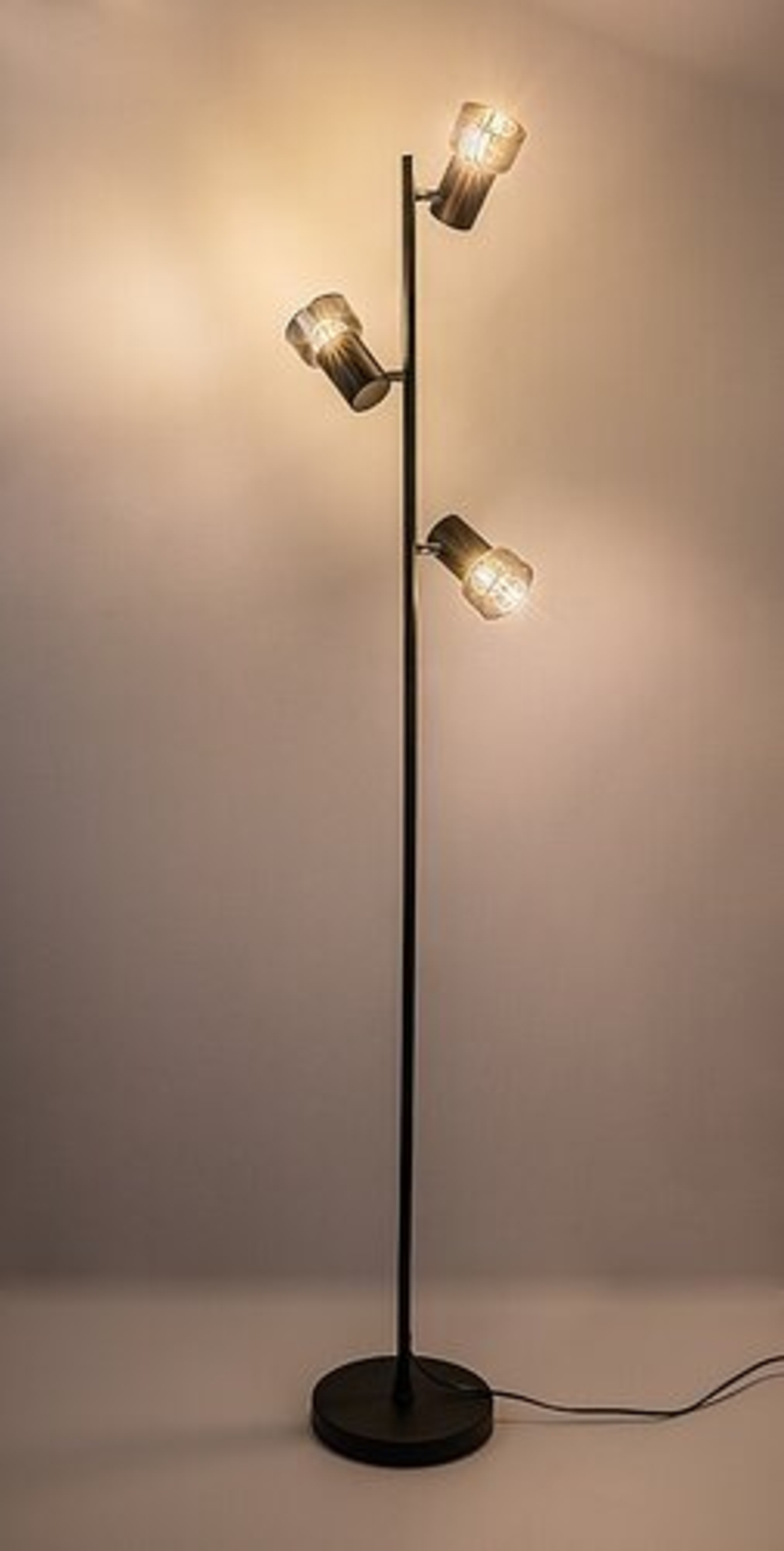 Модерен лампион – E14, 3xMAX15W, IP20, черен метал, стъкло с димен цвят