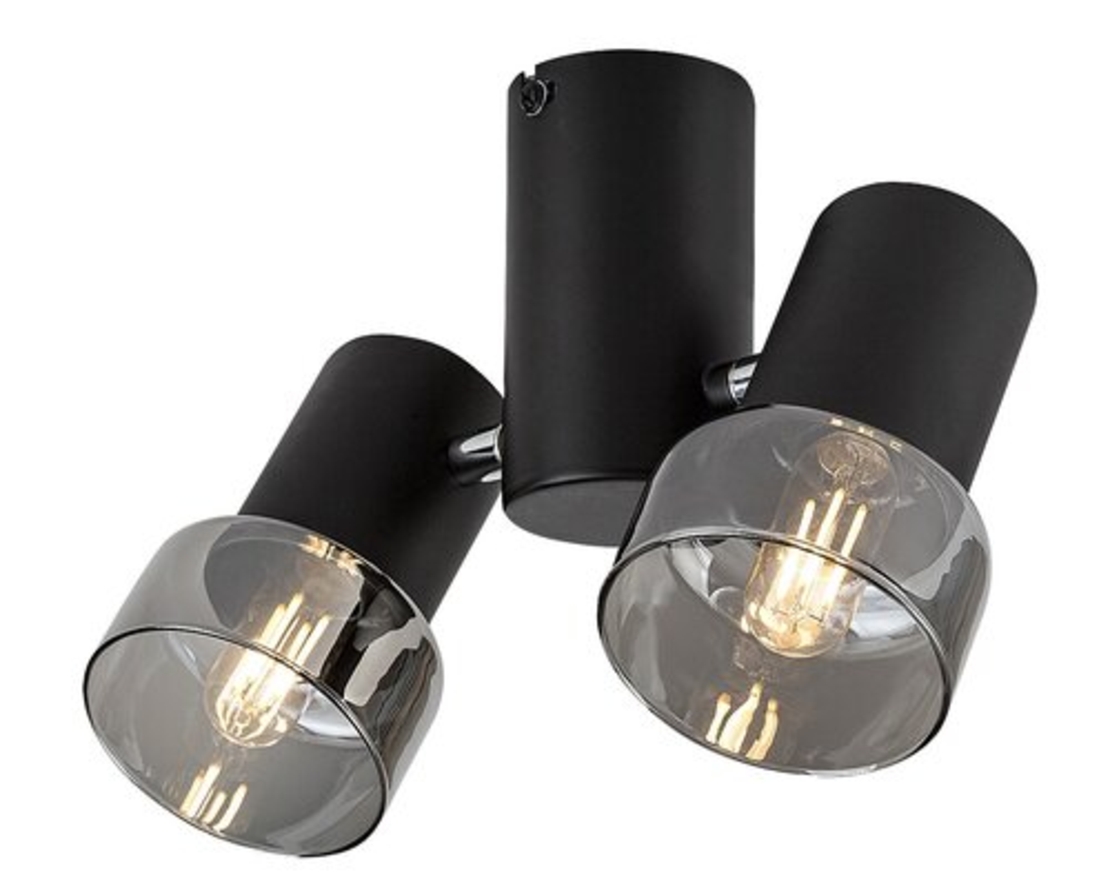 Модерен двоен спот – E14, 2xMAX15W, IP20, черен метал, стъкло с димен цвят