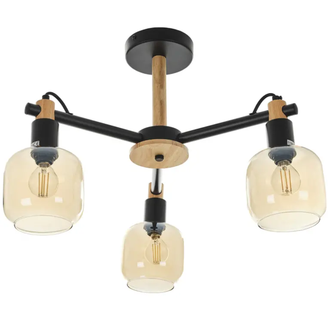 Винтидж таванен полилей – черен метал и дърво, 3xE14